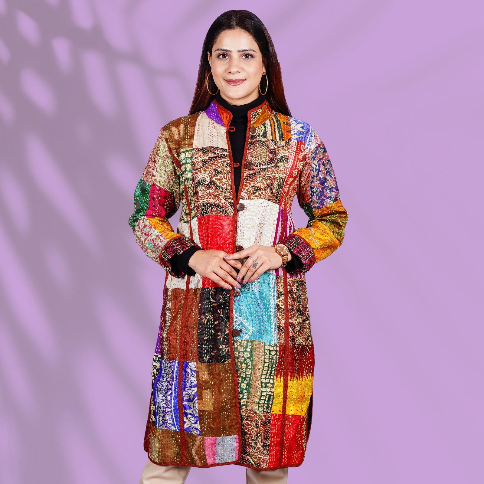 Kantha Long Jacket - Red