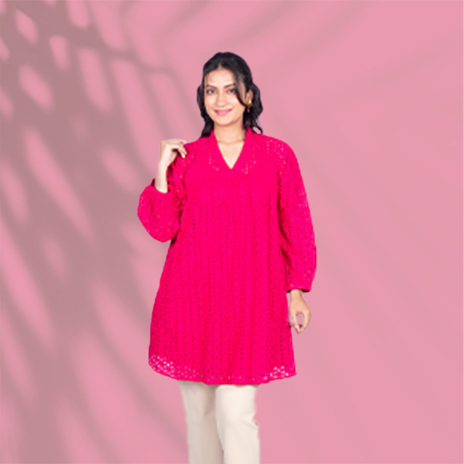 Schiffli Cotton Pink Kurti