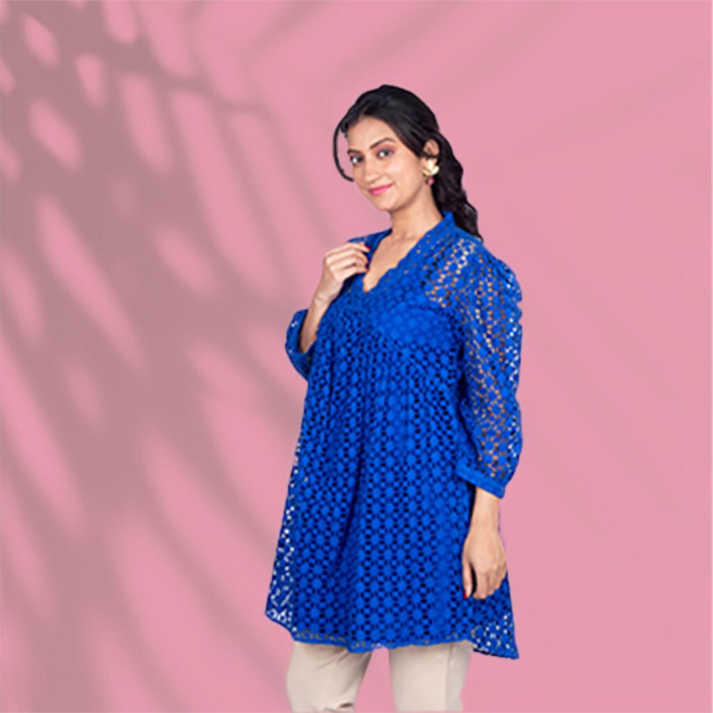 Schiffli Cotton Blue Kurti